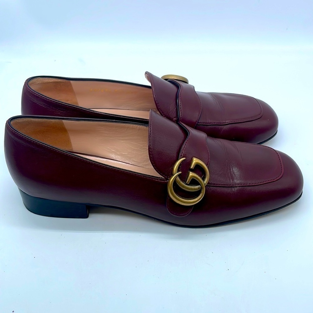 Gucci Burgundy leather Malaga Kid GG Marmont Loafers Vintage Bordeaux 37.5 - Picture 2 of 9